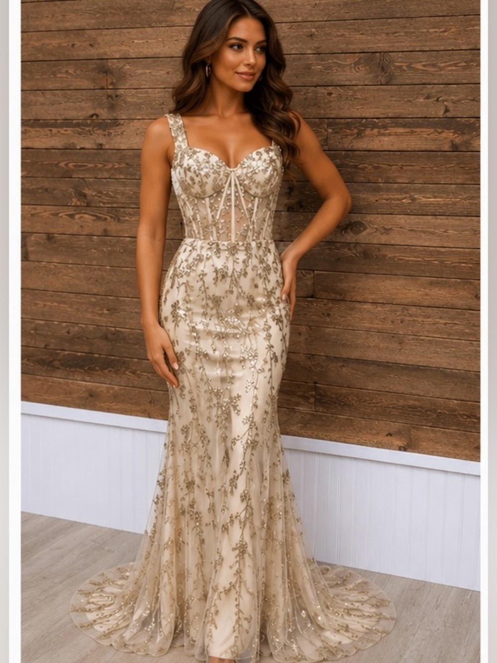 Adora Design Jovani Inspired Nude Champagne Sequin Corset Prom Gown Size Small